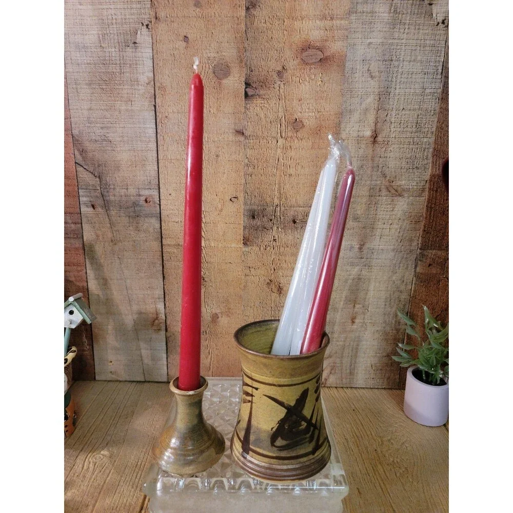 Asain Design Signed Candle Holder Pottery